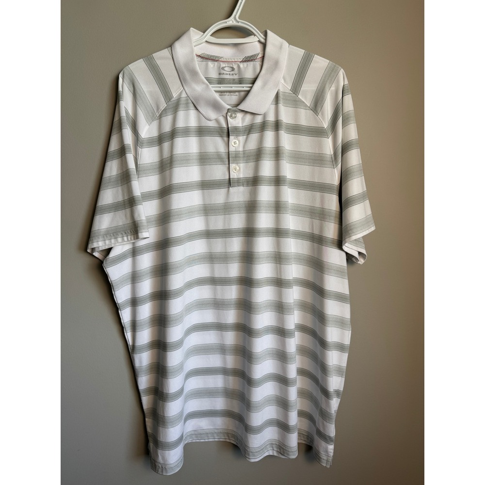 Oakley Mens White Gray Striped Short Sleeve Polo XXL Golf Performance Gorpcore